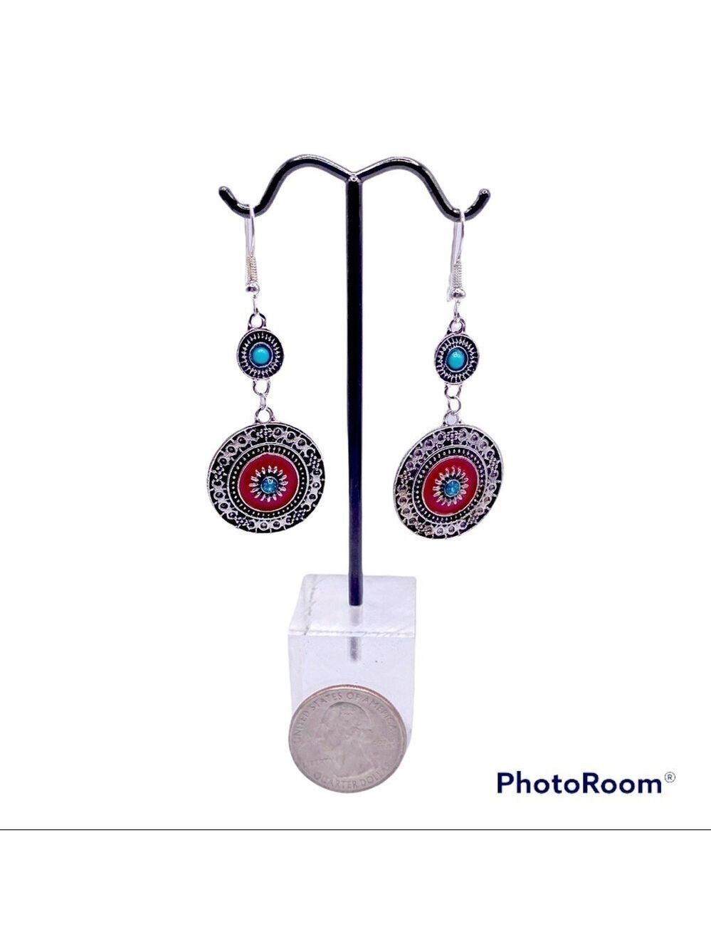 Bohemian Red Dangle Earrings with Blue Rhinestones